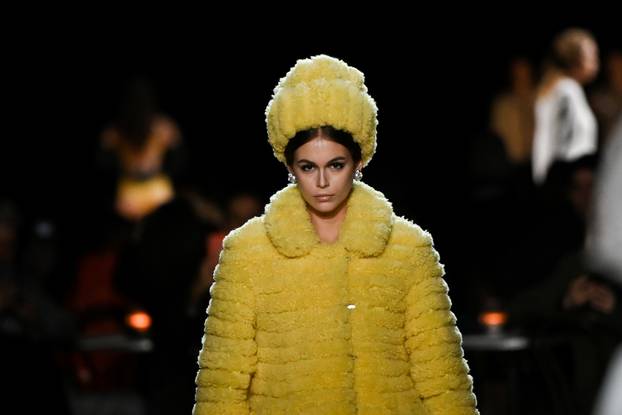 Kaia Gerber presents a creation from the Marc Jacobs Fall/Winter 2020 collection during New York Fashion Week