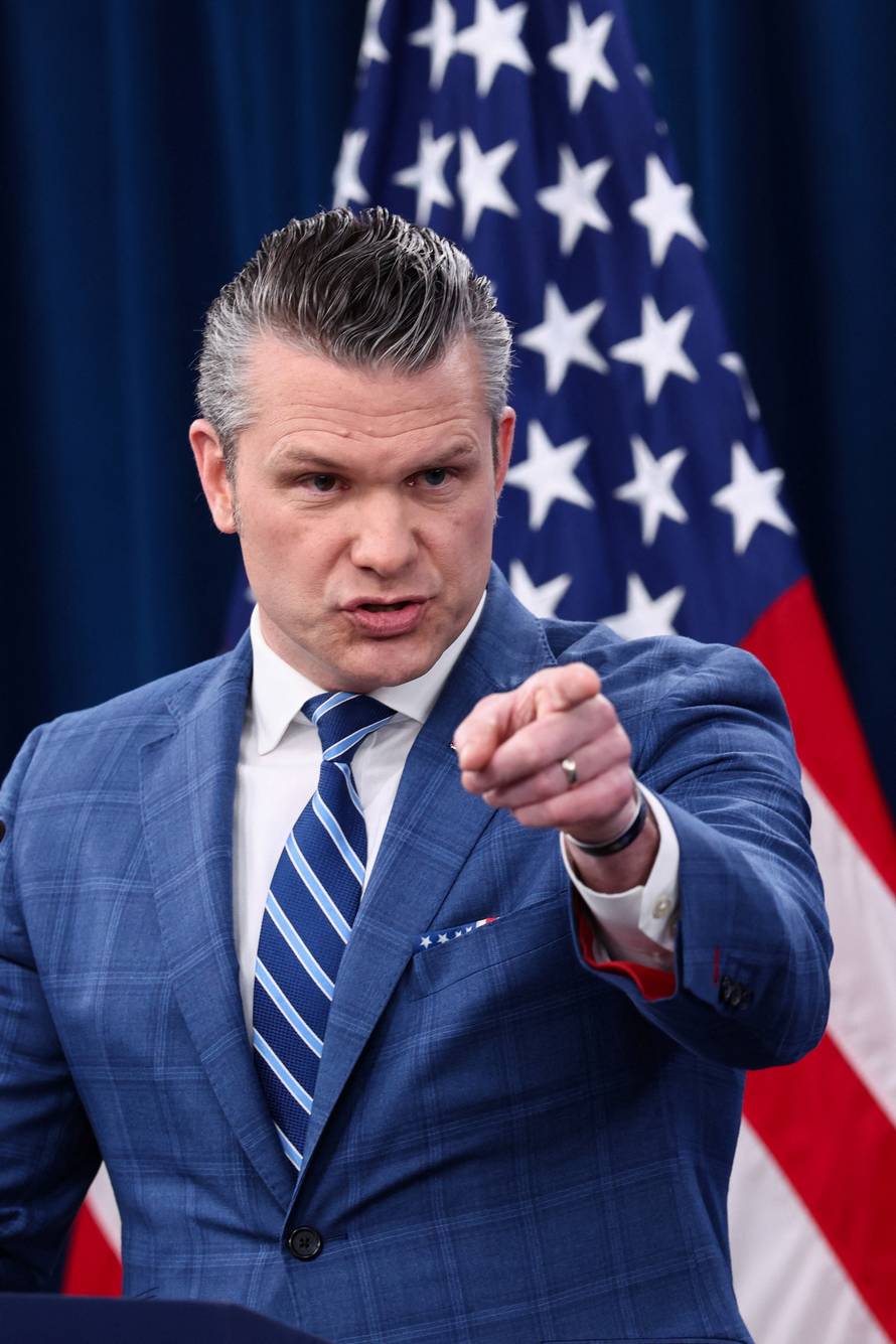 U.S. Secretary of Defense Pete Hegseth holds a press briefing, at the Pentagon in Washington