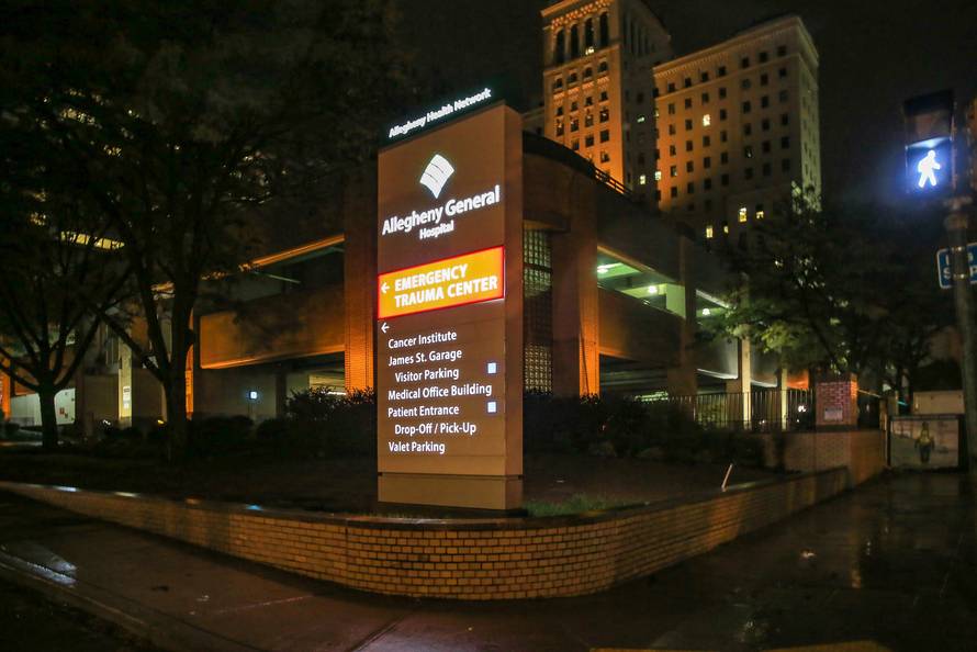 Entrance to the Emergency Trauma Center at Allegheny General Hospital, where authorities say Saturday's Tree of Life synagogue shooting suspect Robert Bowers is hospitalized in Pittsburgh