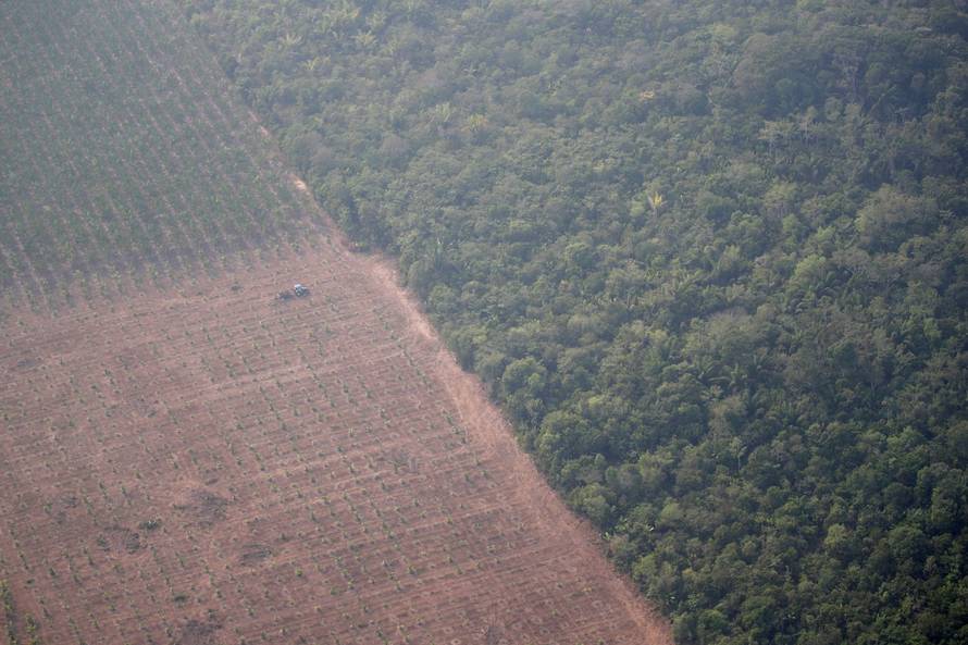 An aerial view shows a tractor on a plantation near a deforested plot of the Amazon near Porto Velho