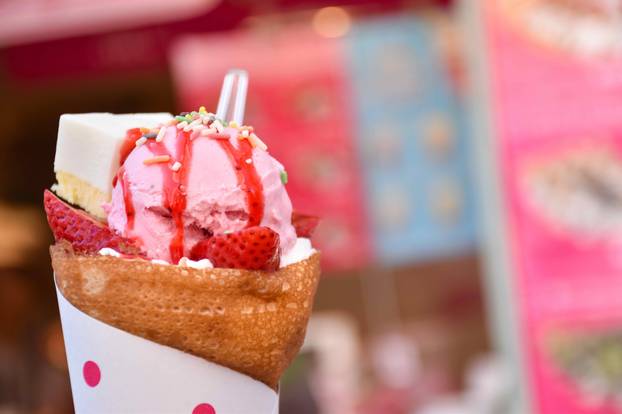 Japanese Crepe with strawberry ice cream and cheese cake at Harajuku.