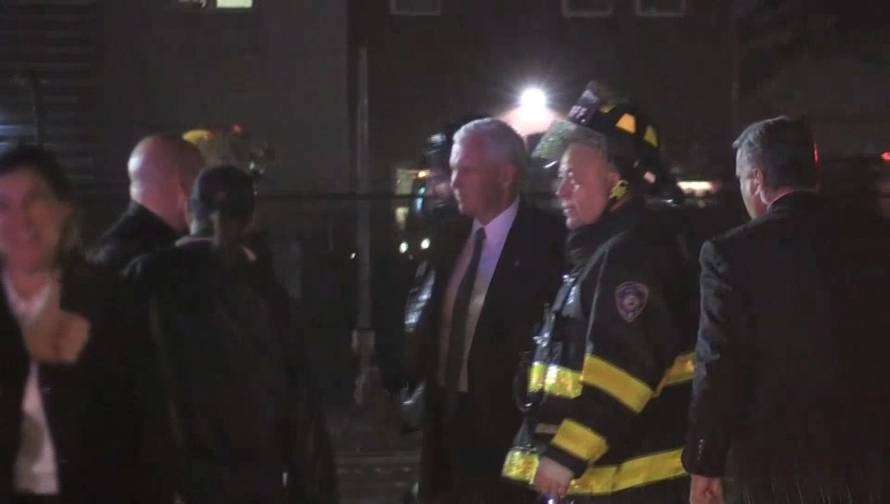 Still image of U.S. Republican vice presidential nominee Pence on the tarmac after a plane carrying him skidded off the runway after landing in the rain at New York City's LaGuardia Airport