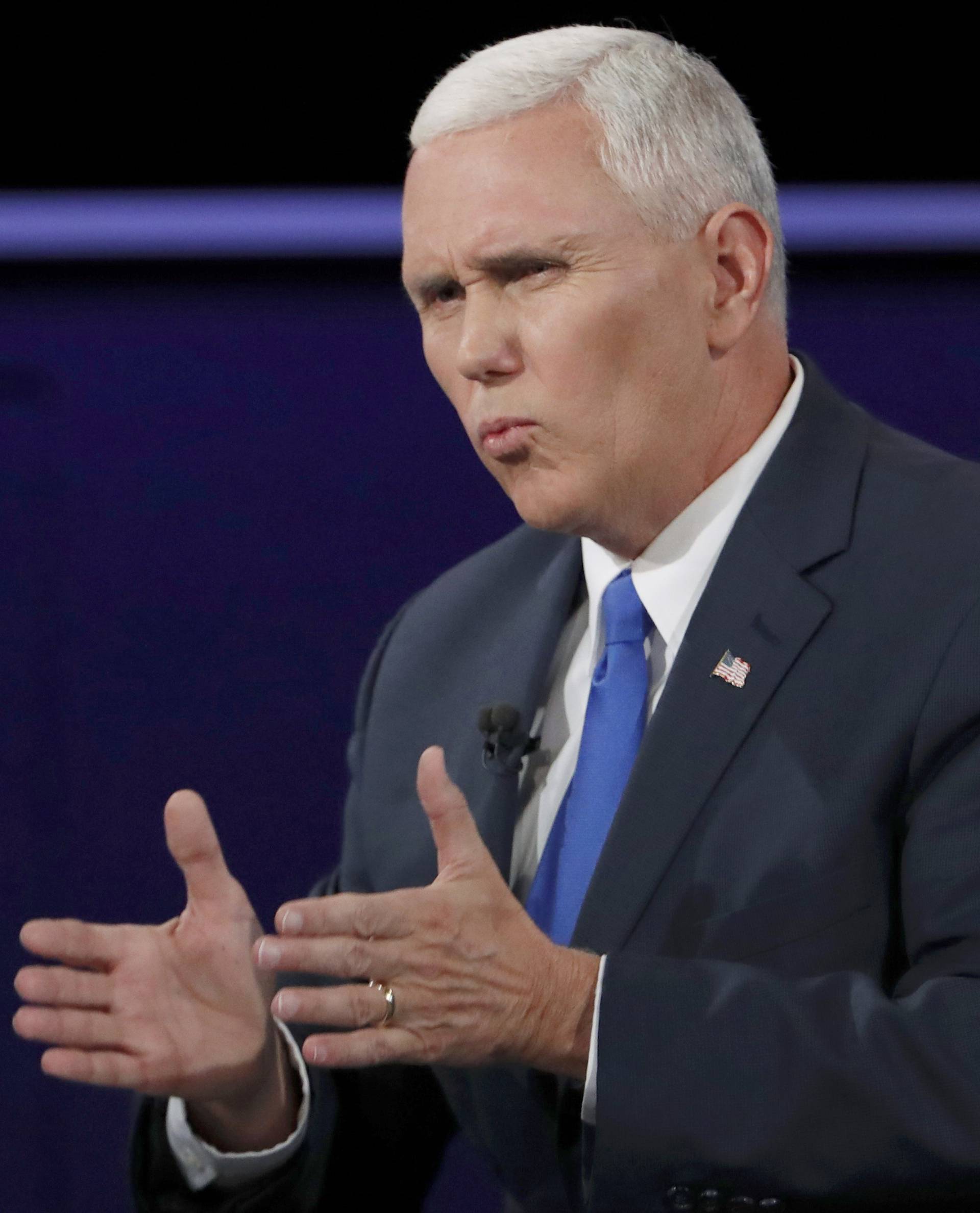 Republican U.S. vice presidential nominee Governor Mike Pence speaks during his debate against Democratic U.S. vice presidential nominee Senator Tim Kaine at Longwood University in Farmville