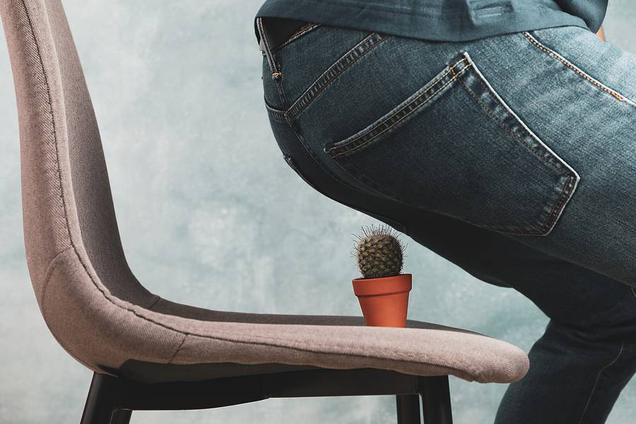 Man Sit On A Chair With Cactus. Hemorrhoids