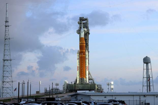 NASA's Artemis II mission, Space Launch System (SLS) rocket with the Orion crew capsule, at the Kennedy Space Center in Cape Canaveral