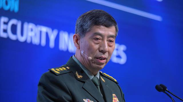 Chinese Defence Minister Li Shangfu speaks at the IISS Shangri-La Dialogue in Singapore