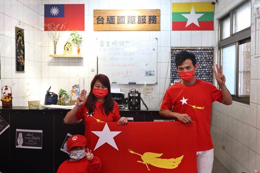Members of the Burmese community in Taipei protest against the Myanmar military coup in Little Burma, home to many of Taiwan's Burmese immigrants, in Taipei