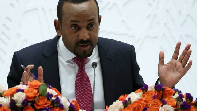 Ethiopia's Prime Minister Abiy Ahmed speaks at a news conference in Addis Ababa