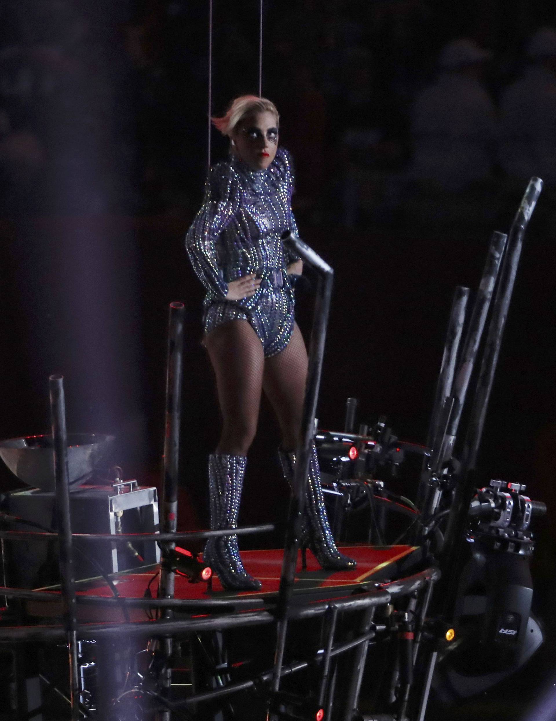 Singer Lady Gaga performs during the halftime show at Super Bowl LI between the New England Patriots and the Atlanta Falcons in Houston