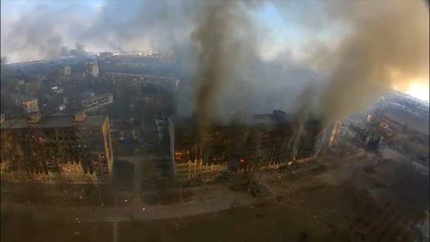FILE PHOTO: Still image from drone footage shows destruction across Mariupol