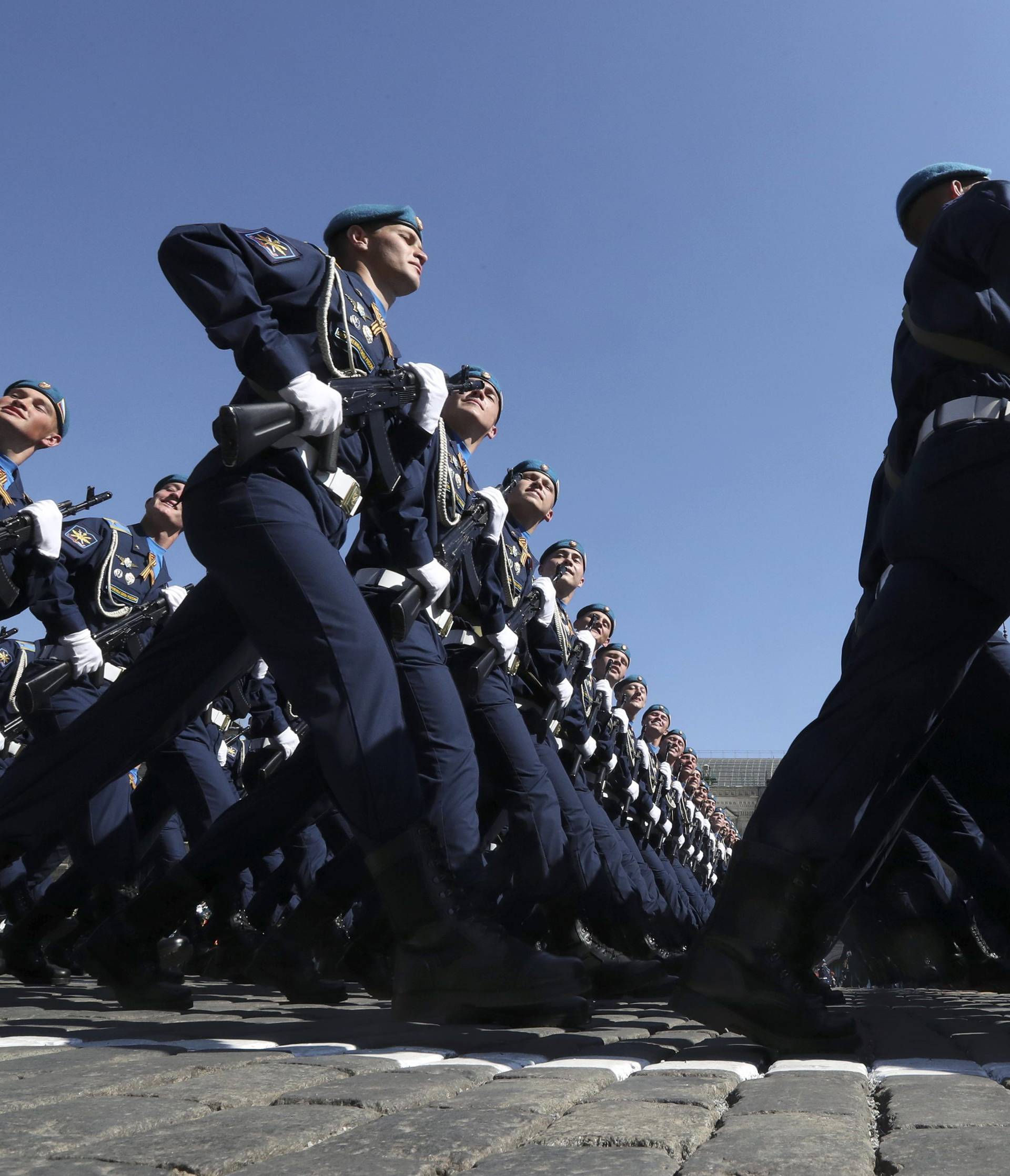 Russian servicemen march during Victory Day parade to mark end of World War Two at Red Square in Moscow