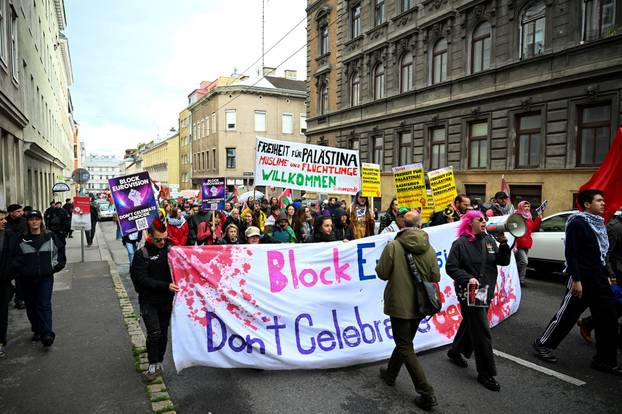 People attend a protest against Israel's participation in the Eurovision Song Contest, in Vienna