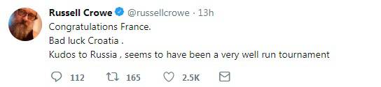 Russell Crowe čestitao svima: Hrvatska jučer nije imala sreće