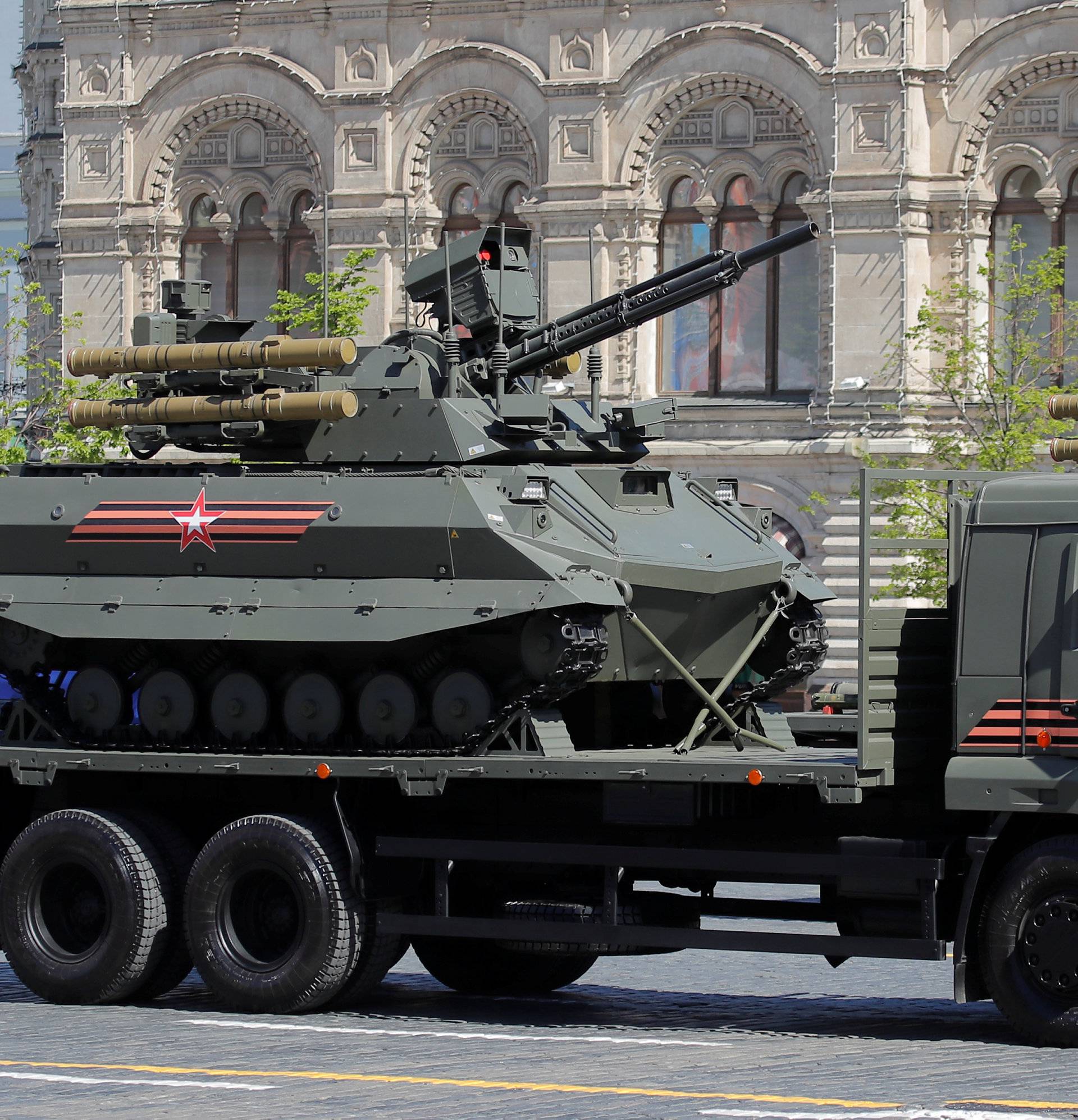A Russian Uran-9 unmanned armoured reconnaissance and infantry support vehicle is seen during the Victory Day parade at Red Square in Moscow
