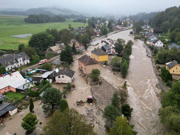 A drone view shows the flood-affected area in Jesenik