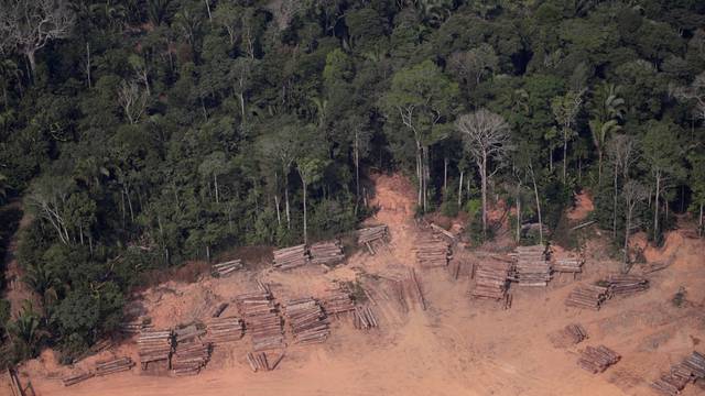 An aerial view of logs illegally cut from Amazon rainforest are seen in sawmills near Humaita
