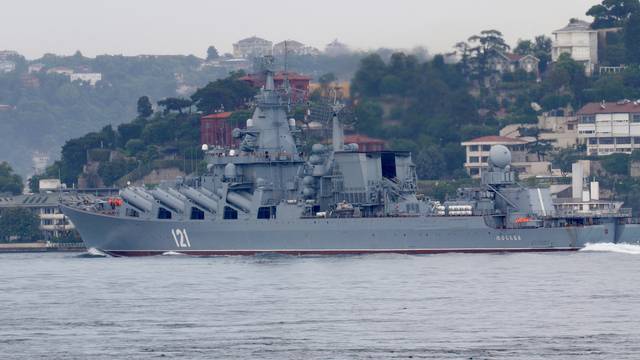 The Russian Navy's guided missile cruiser Moskva sails in Istanbul's Bosphorus