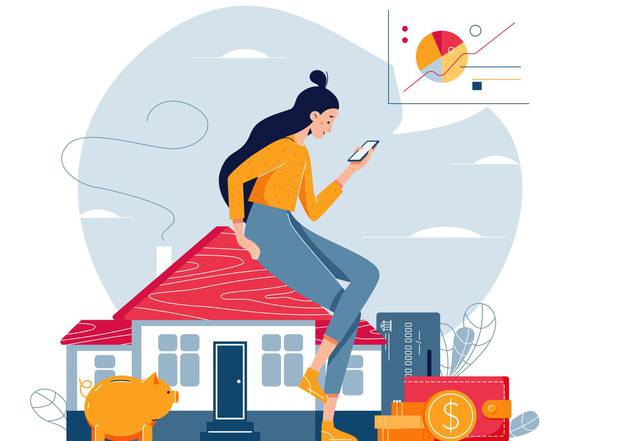 Property,Investment,Vector,Illustration.,Woman,Sitting,On,The,House,,Analyzes