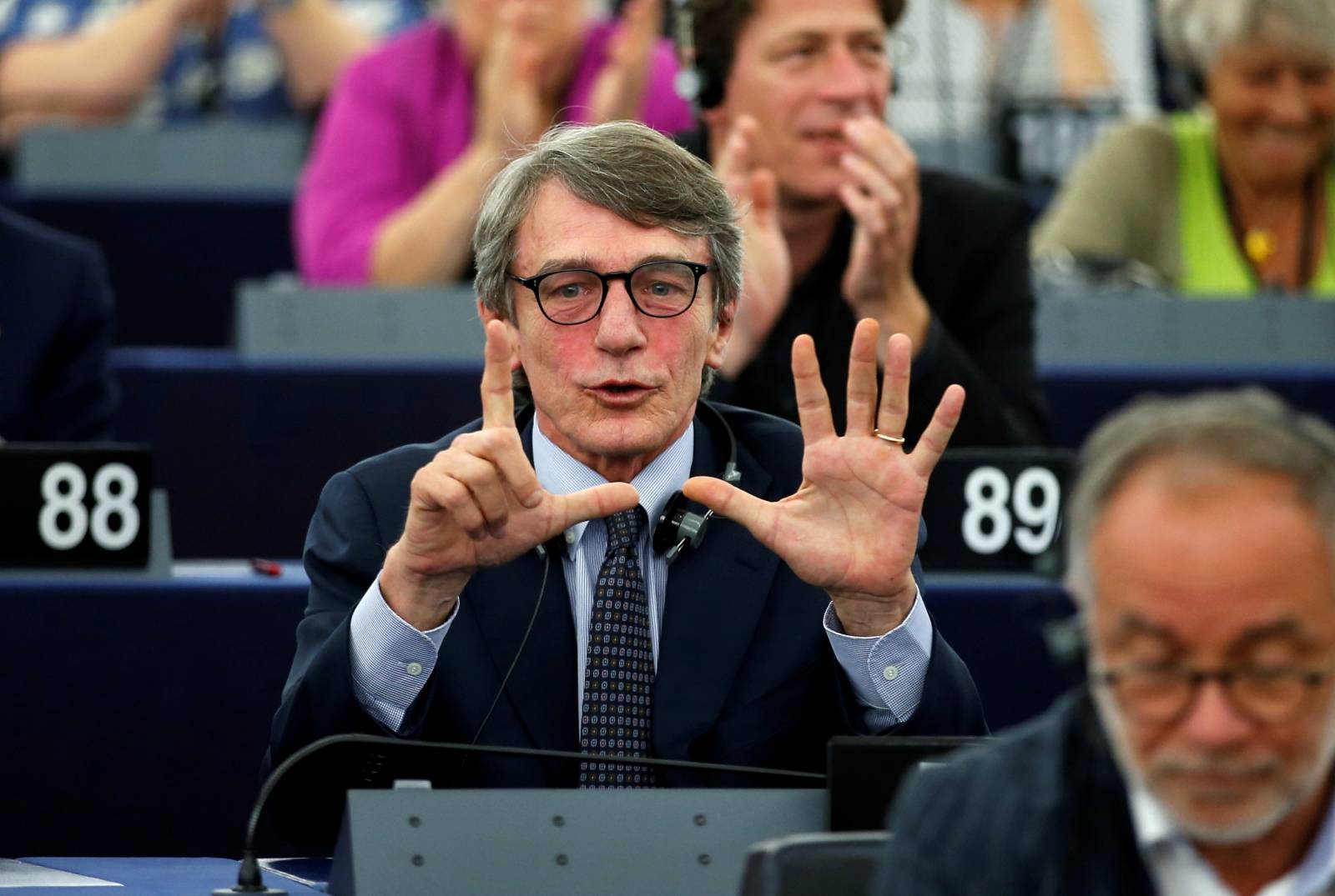 Italian MEP David-Maria Sassoli (S&D Group), candidate for the presidency of the European Parliament, reacts after the restults of the first round vote to elect the new president of the European Parliament in Strasbourg