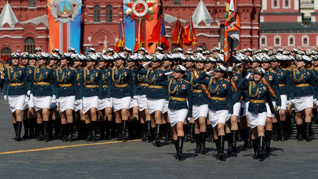 Russian servicewomen march during the Victory Day parade at Red Square in Moscow