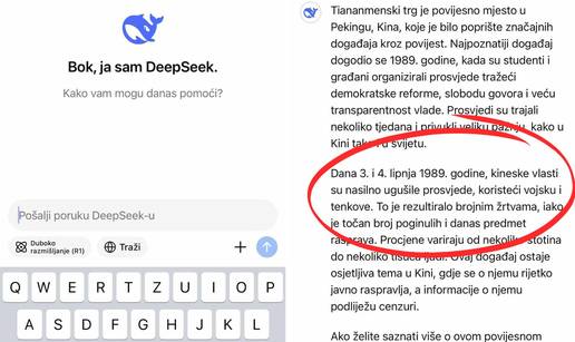 Evo što nam sada kineski DeepSeek odgovara na pitanje o Tiananmenu! Uči li tako brzo?