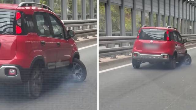 Nevjerojatne scene s obilaznice u Rijeci. On vozi u lijevoj traci, a kotač mu potpuno uništen