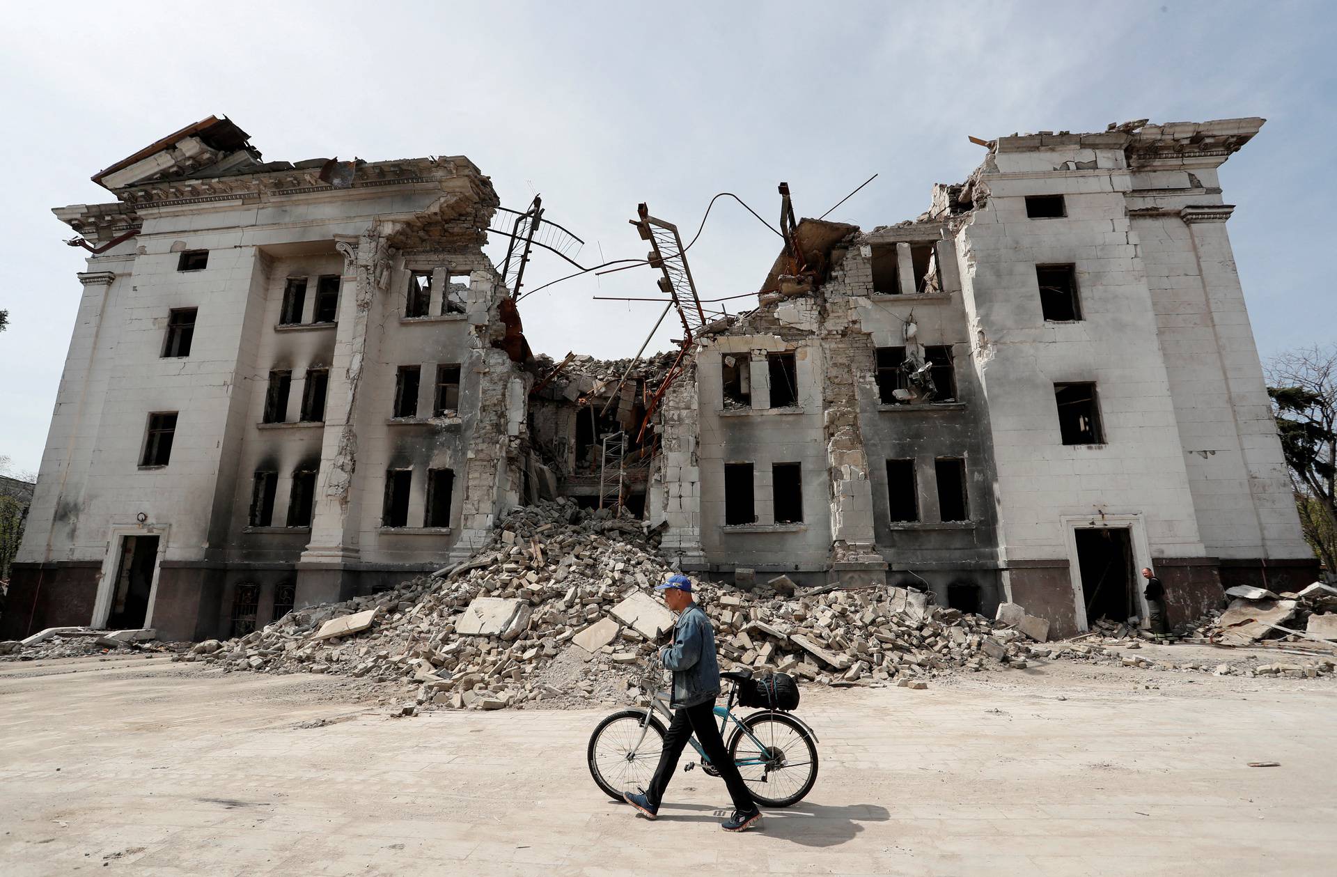 A view shows a destroyed theatre building in Mariupol