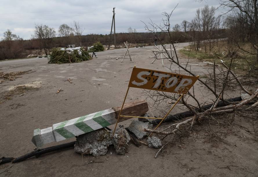 Remains of a checkpoint left by the Russian military are seen in an area with high levels of radiation called the Red Forest near the Chornobyl Nuclear Power Plant, in Chornobyl