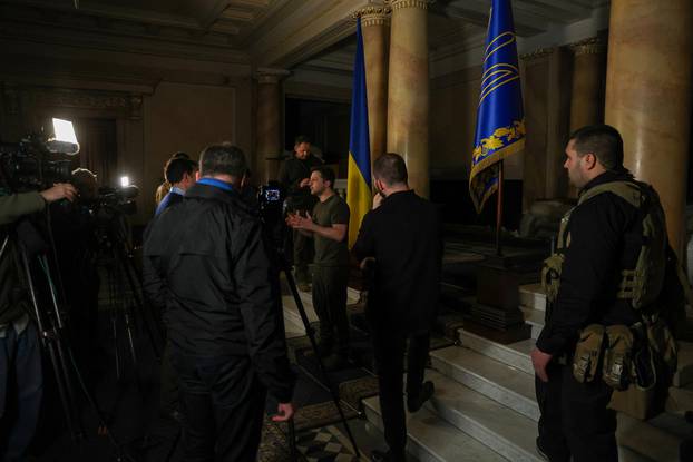 Ukrainian President Volodymyr Zelenskiy talks during an interview with Reuters in Kyiv
