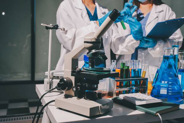 Scientist pipetting medical samples into microplate in laborator