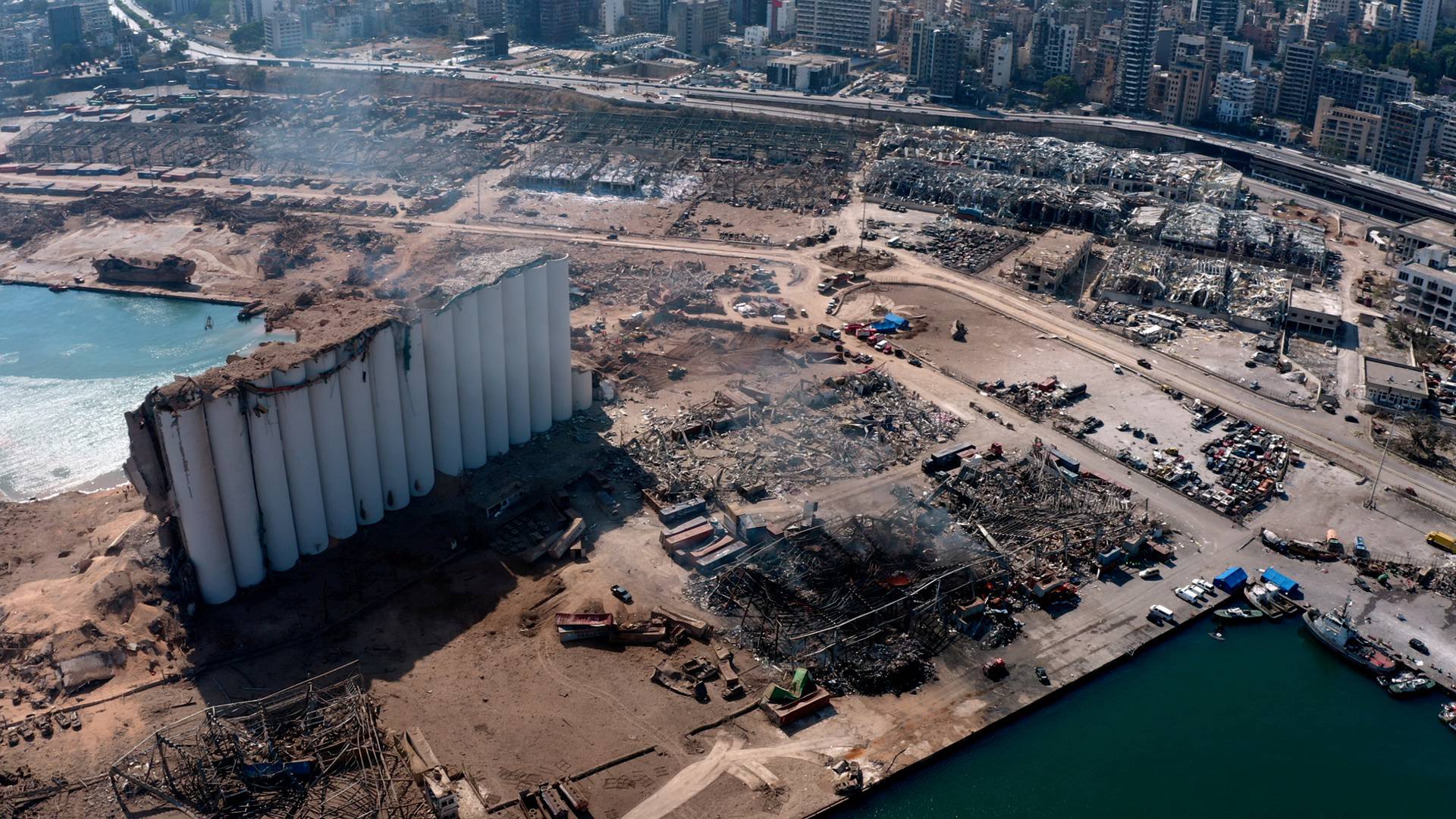 A still image taken from a drone footage shows the damage two days after an explosion in Beirut's port area