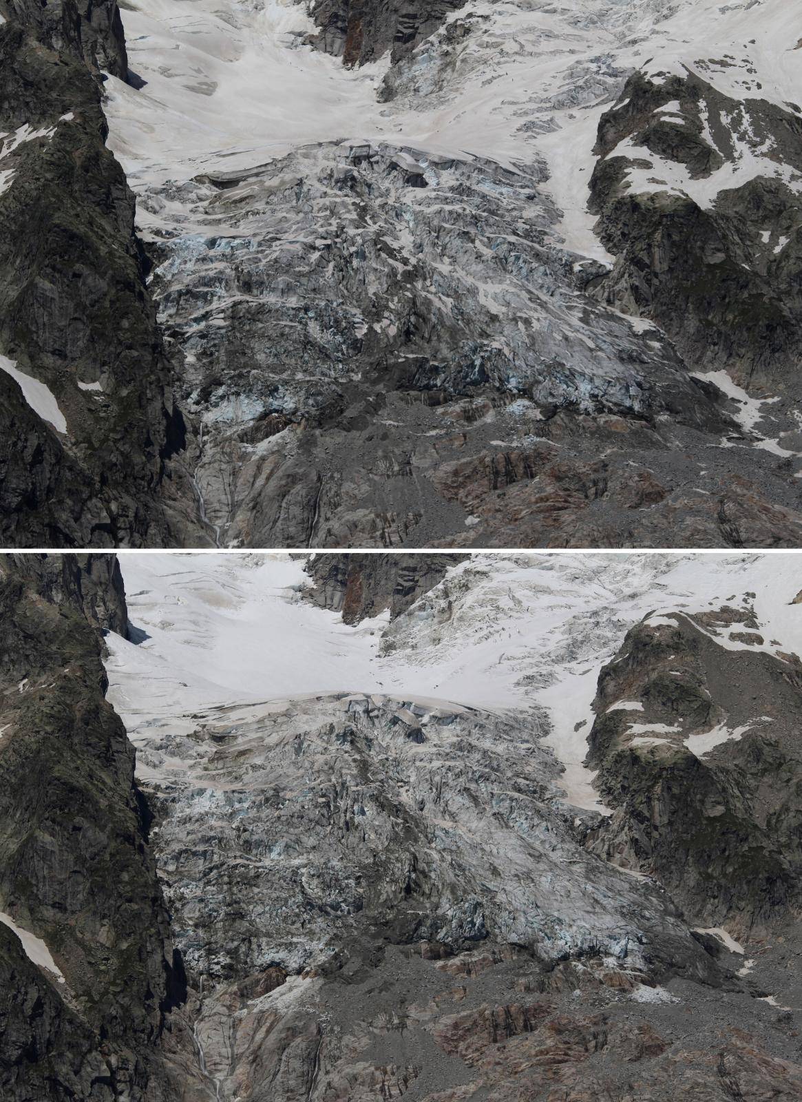 A combo shows a segment of the Planpincieux glacier on the Italian side of the Mont Blanc, in Aosta