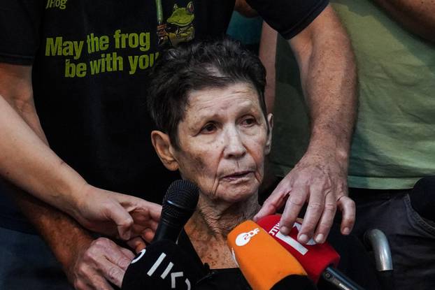 Lifshitz, 85, an Israeli grandmother who was held hostage in Gaza, speaks to members of the press after being released by Hamas militants, at Ichilov Hospital in Tel Aviv