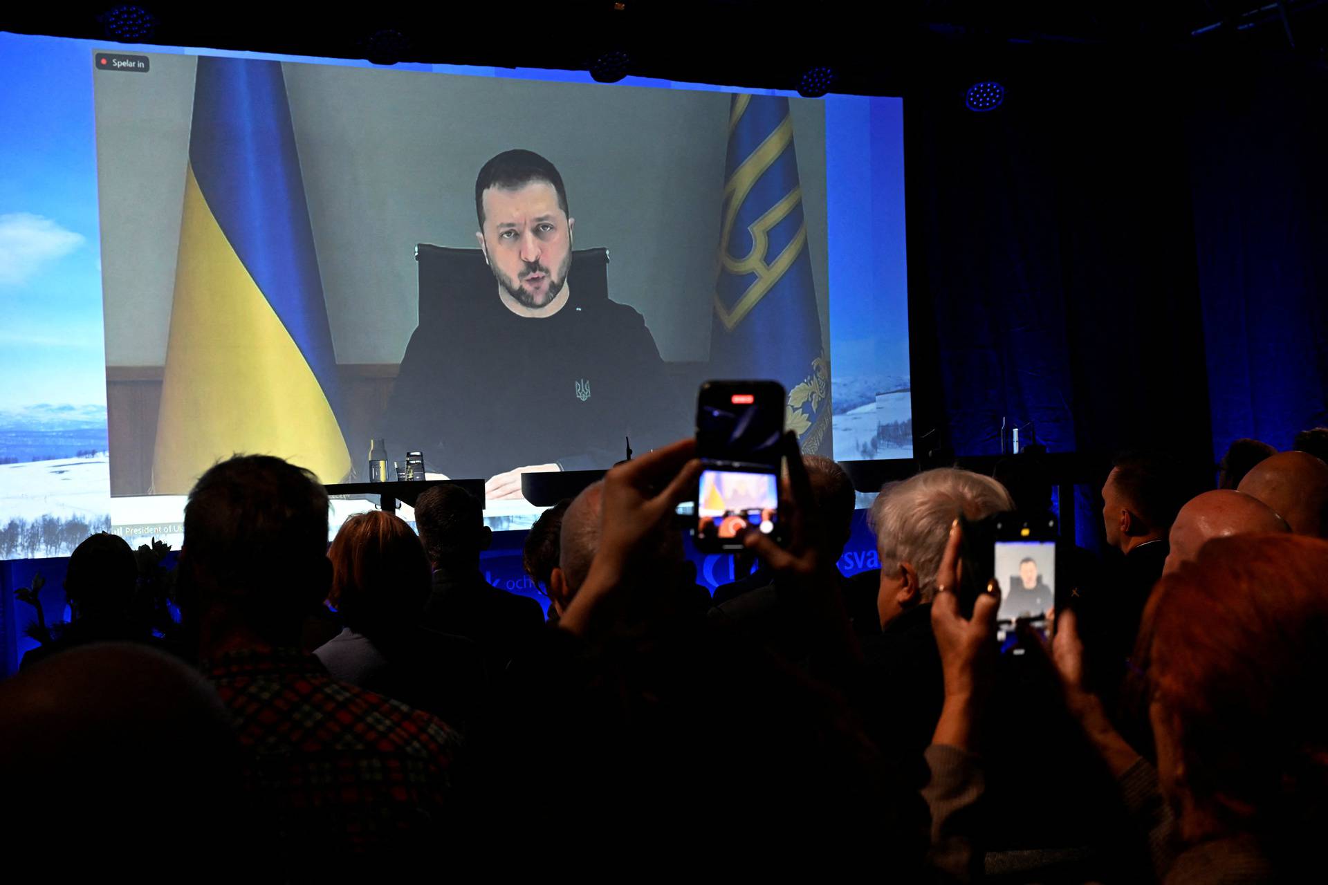 Ukrainian President Volodymyr Zelenskiy makes the opening speech at the Society and Defense National Conference in Salen