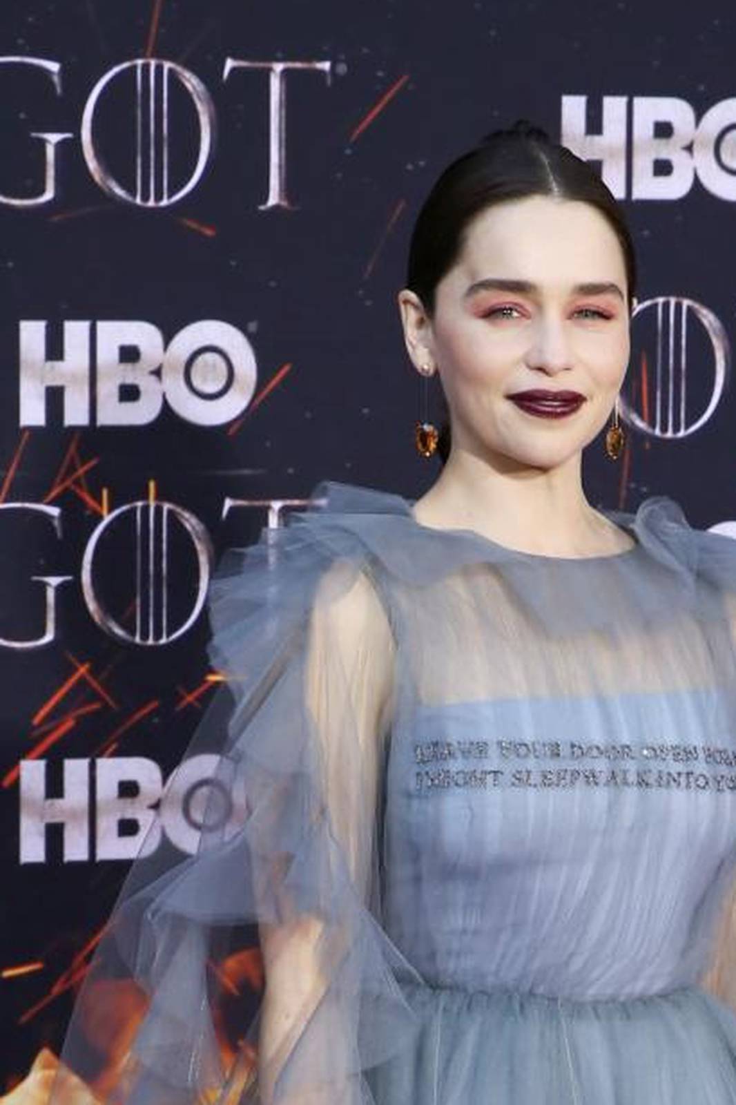 Emilia Clarke poses at the premiere of the final season of "Game of Thrones" at Radio City Music Hall in New York