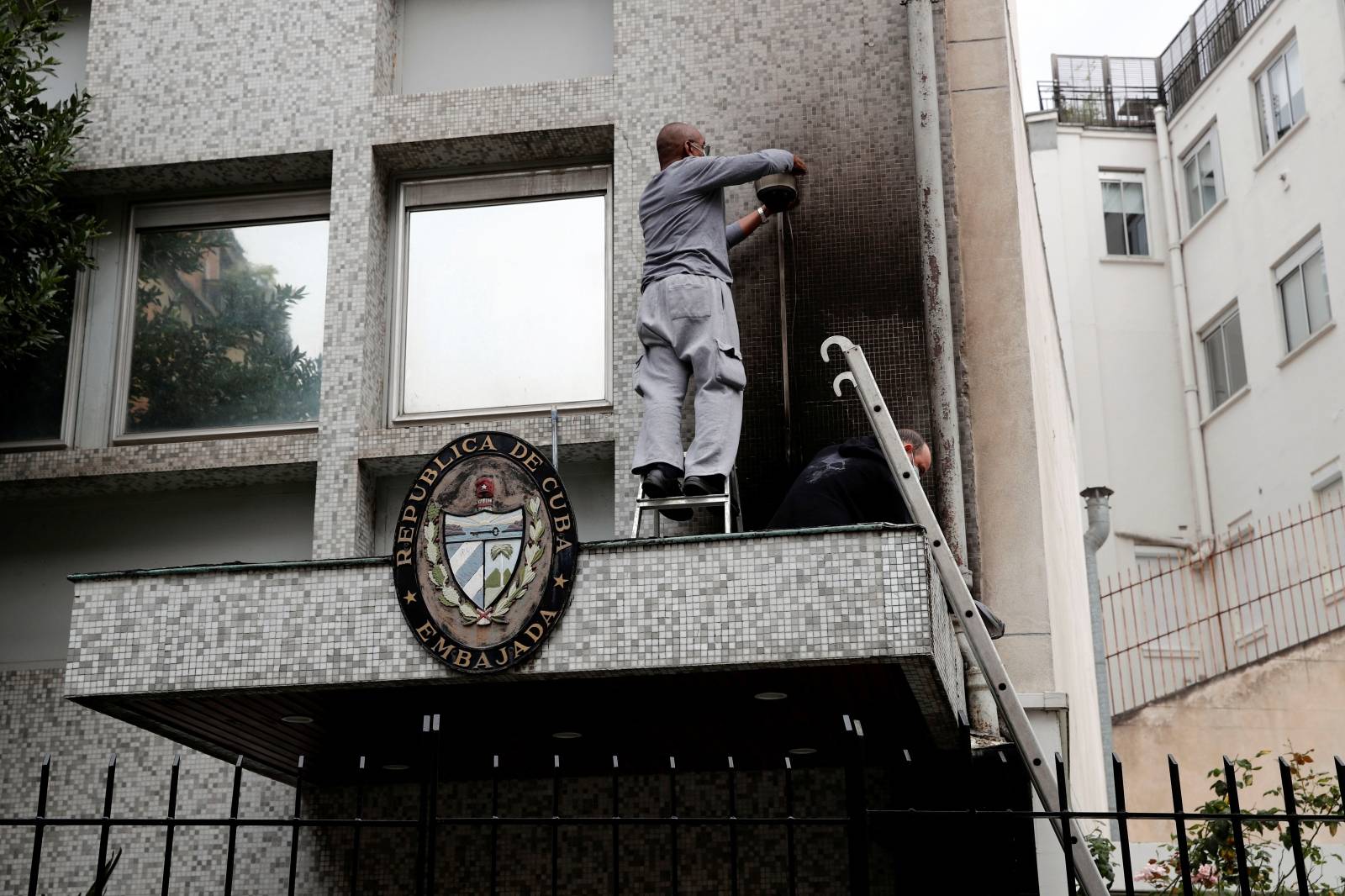 Aftermath of overnight petrol bomb attack on Cuban embassy building in Paris