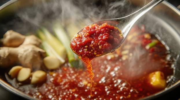 A close-up of a spoonful of chili paste being added to a hot pot, with steam rising and aromatic ingredients like lemongrass and ginger nearby.