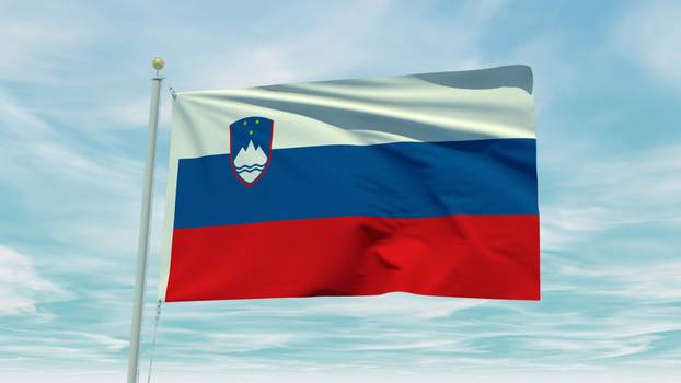 Seamless loop animation of the Slovenia flag on a blue sky background. 3D Illustration