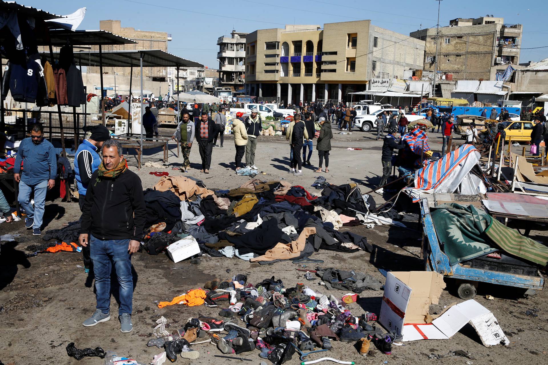 The site of a twin suicide bombing attack in a central market is seen in Baghdad