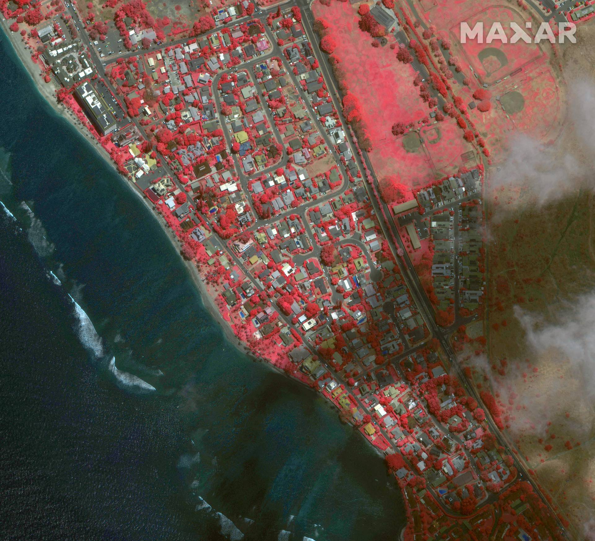 A satellite image shows an infrared overview of southern Lahaina, Maui County, Hawaii