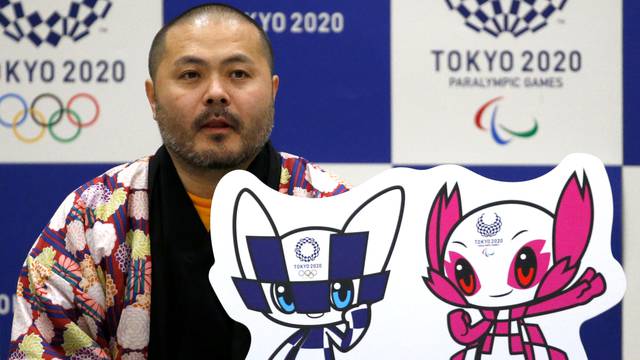 The designer of winning mascots Ryo Taniguchi attends a news conference after Tokyo Olympics organizers unveiled the mascots for the Tokyo 2020 Olympics and Paralympics in Tokyo