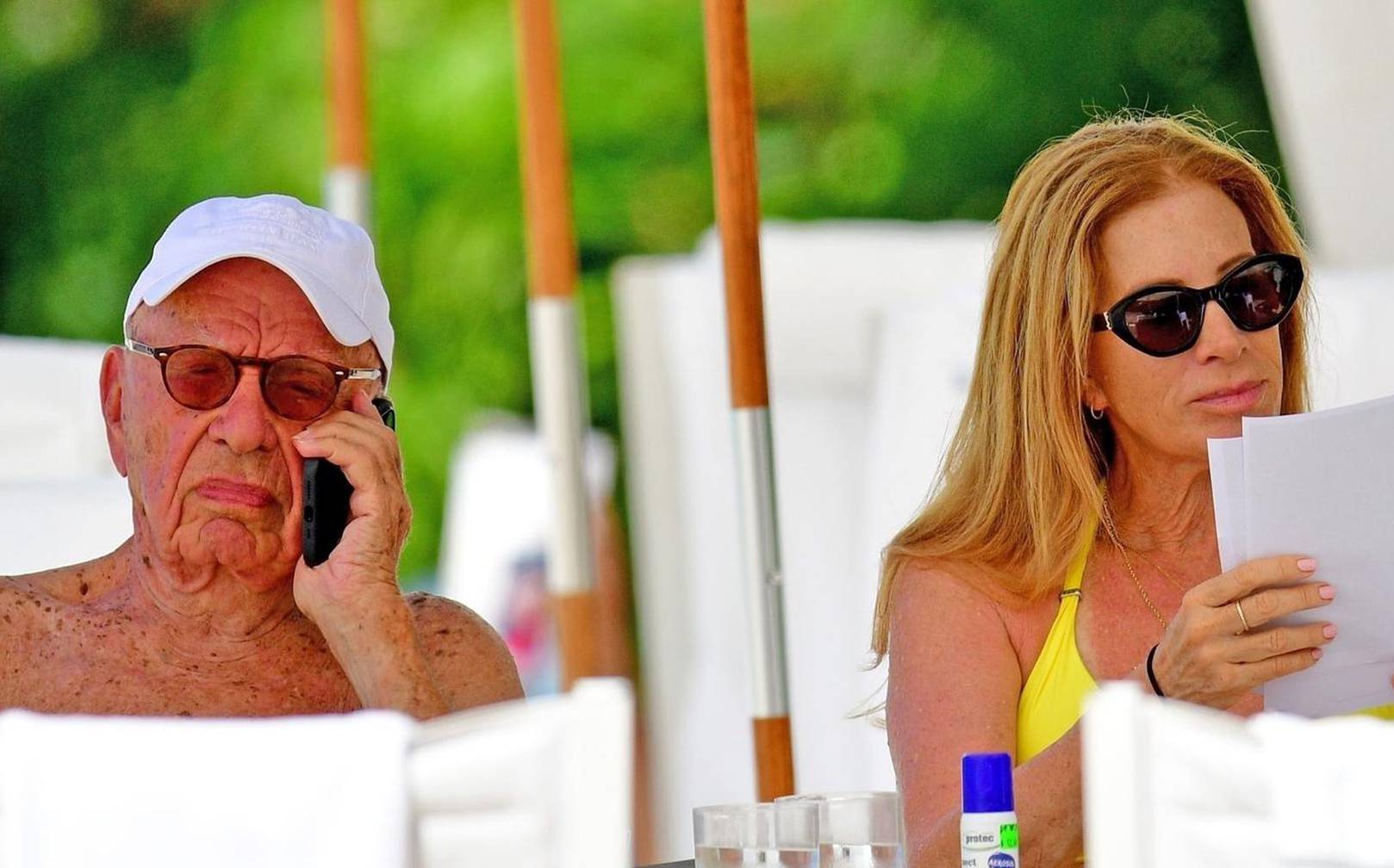 *PREMIUM-EXCLUSIVE* *MUST CALL FOR PRICING* The Australian-American business magnate Rupert Murdoch laps up the hot Caribbean sunshine with his scantily-clad mystery woman and billionaire pal Anthony Bamford out on the beaches of Barbados.