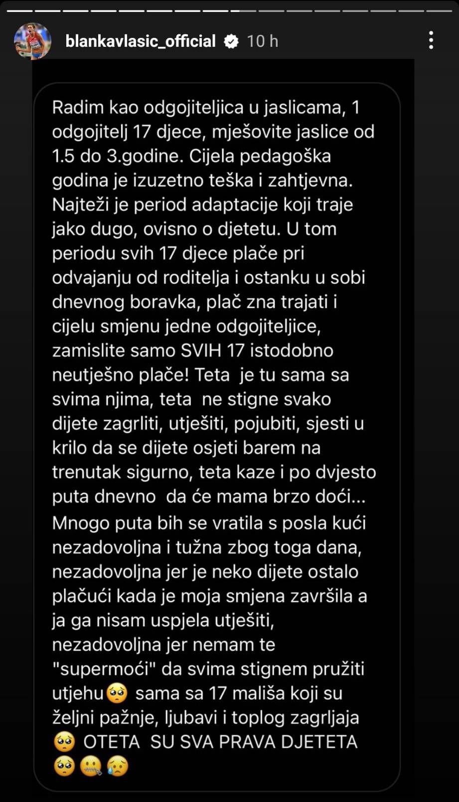 Blanka Vlašić objavila priče teta iz vrtića: 'Nemoguće je i fizički, a i psihički, jad i čemer sustava'