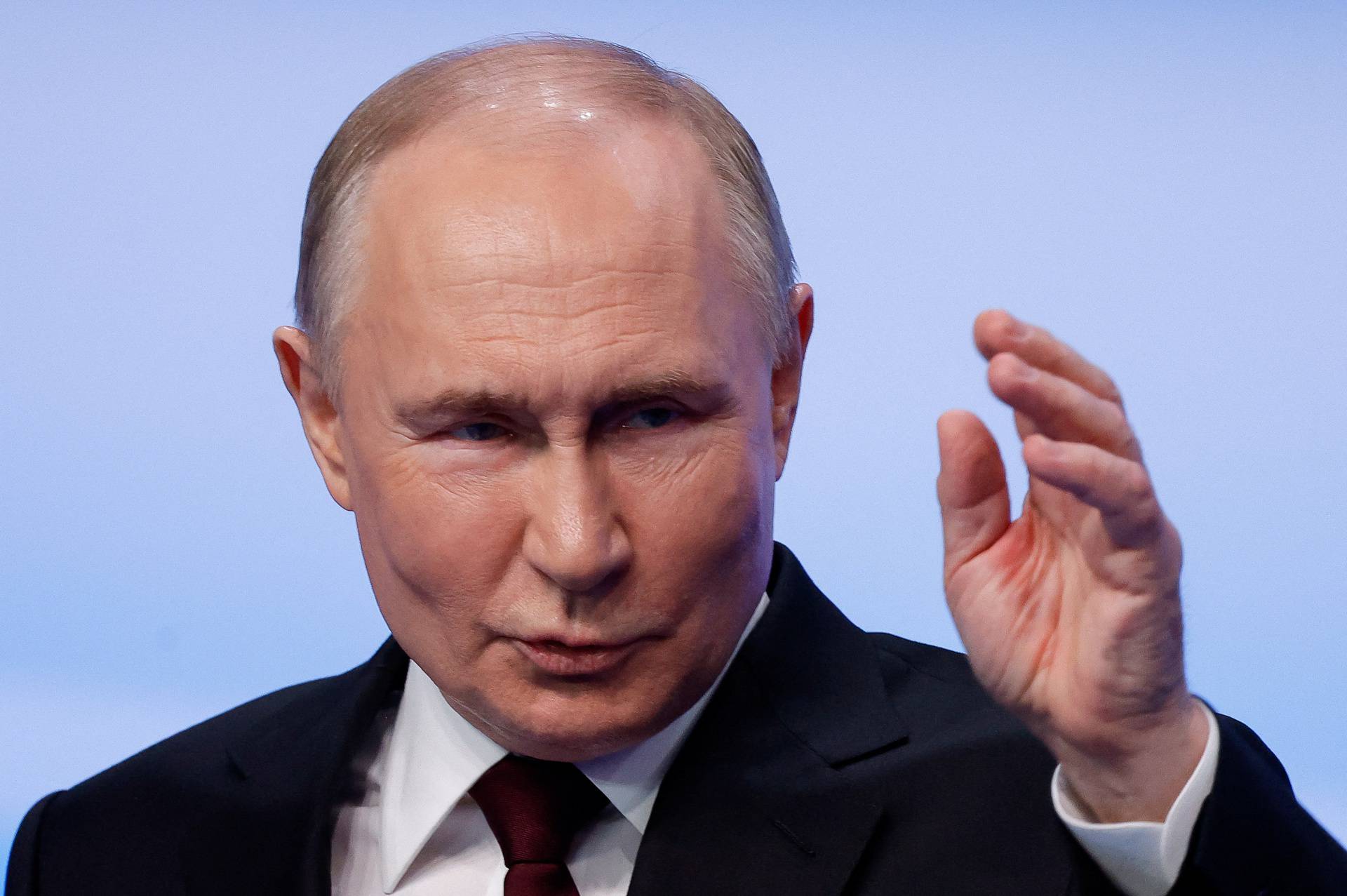 Russian incumbent President Putin speaks after polling stations closed, in Moscow