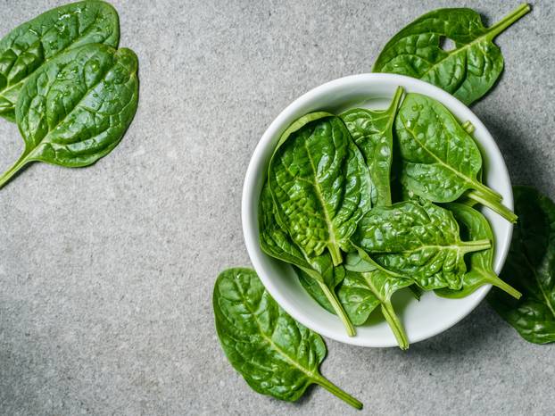Top view of wet spinach leaves in bowl