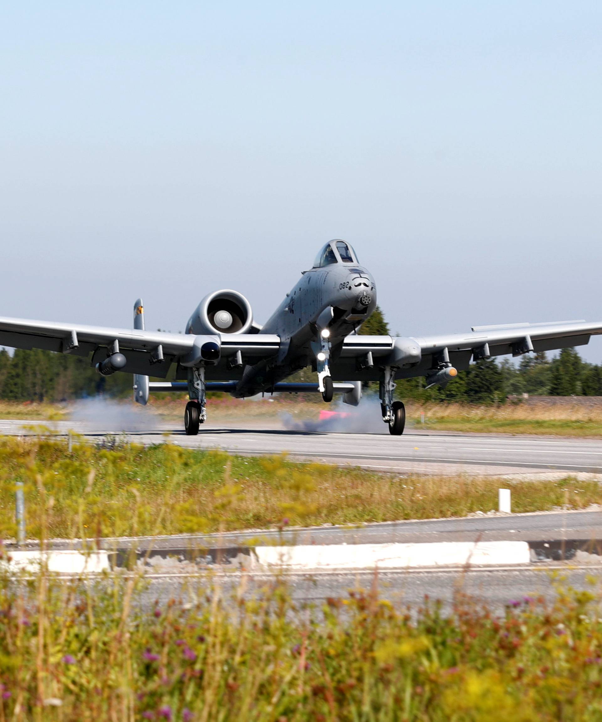 U.S. Air Force attack aircraft A-10 "Thunderbolt" takes part in a landing exercise on a motorway near Jagala