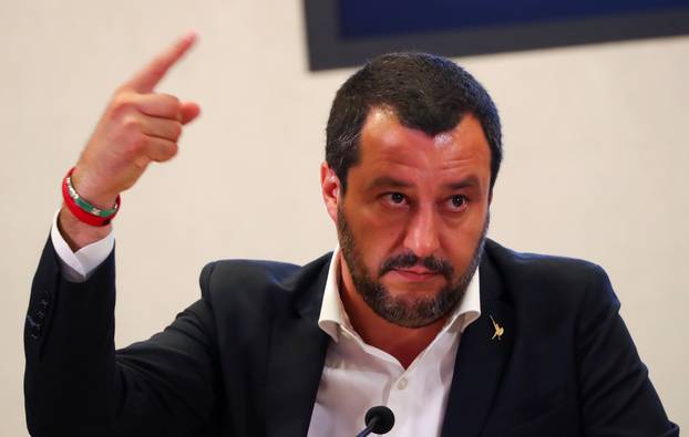 Italian Interior Minister Matteo Salvini gestures during a news conference with Libyan Deputy Prime Minister Ahmed Maiteeg in Rome