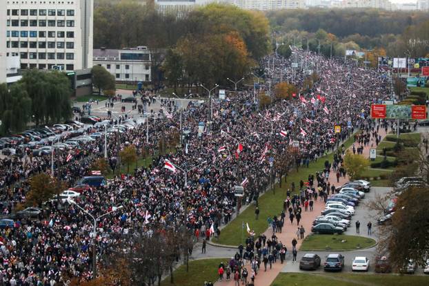 Belarusian opposition supporters hold a rally in Minsk