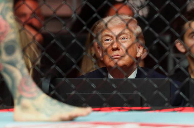 U.S. President Donald Trump attends the UFC 327 event at Kaseya Center in Miami
