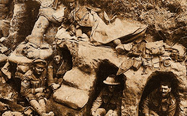 First World War (1914-1918)  aka The Great War or World War One - Trench Warfare -WWI Trench Warfare - A 1915 Postcard of British soldiers in their dugout trench